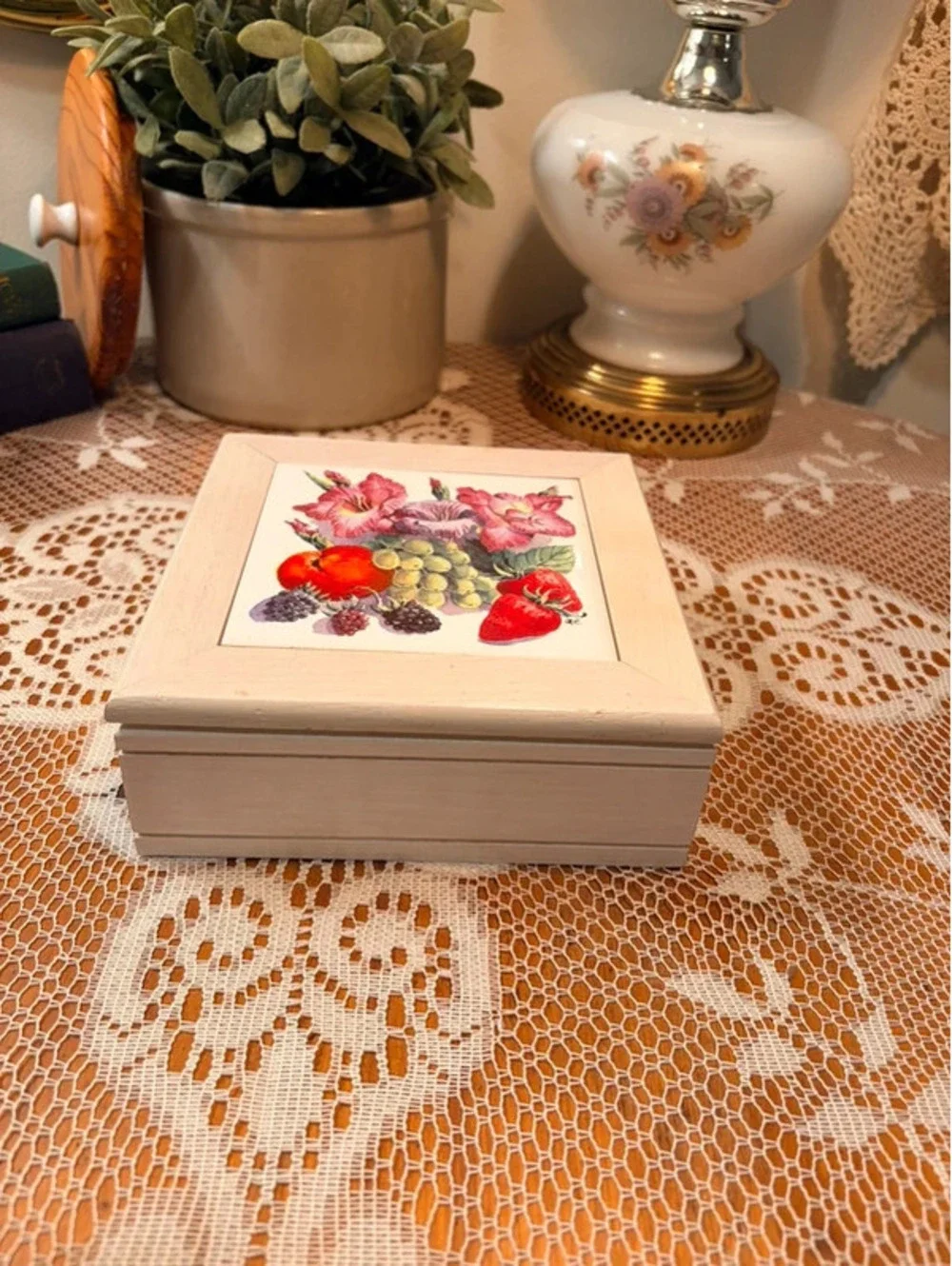Floral Fruit Tile Wood Jewelry Box Pink Lined Cottage Decor
